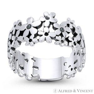 Daisy Flower Charm Band Boho Stackable Ring in .925 Sterling Silver - Size 9